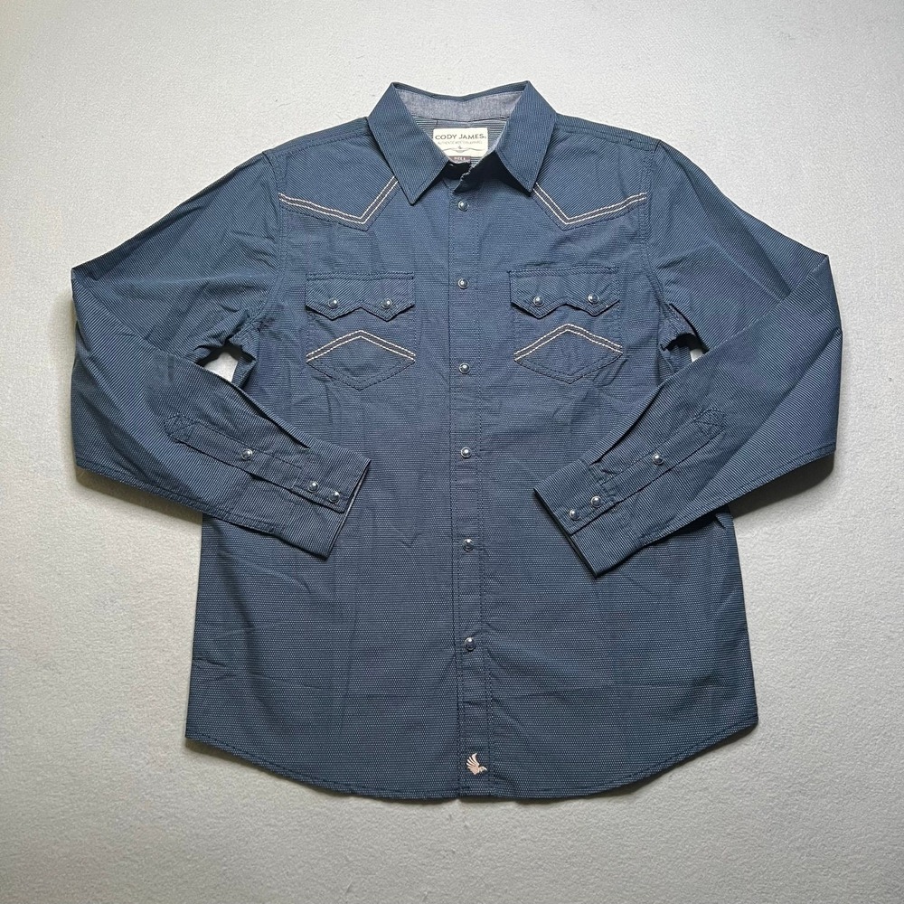 Cody James Western Shirt Mens Small Navy Blue Pearl Snap Long‎ Sleeve Micro Dot